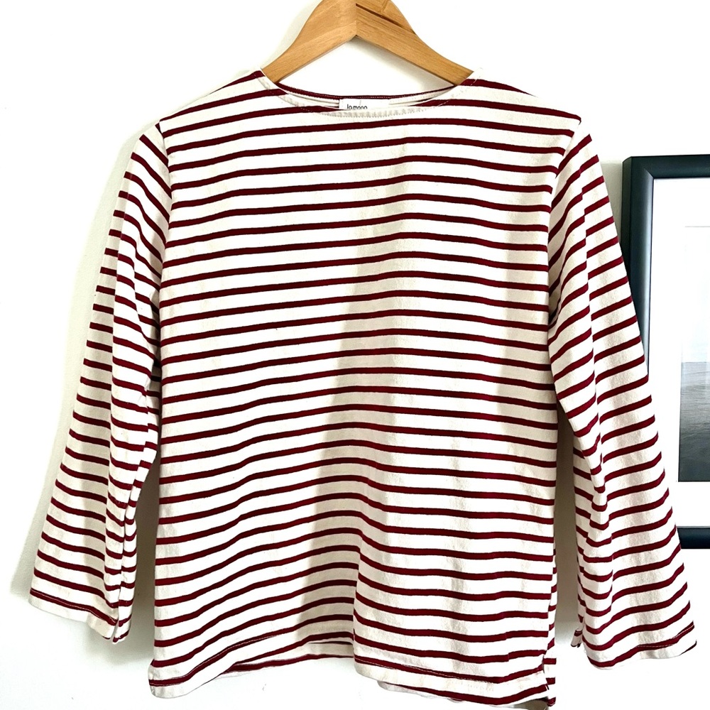 Striped Long-Sleeve Boatneck Top in Cream & Burgundy